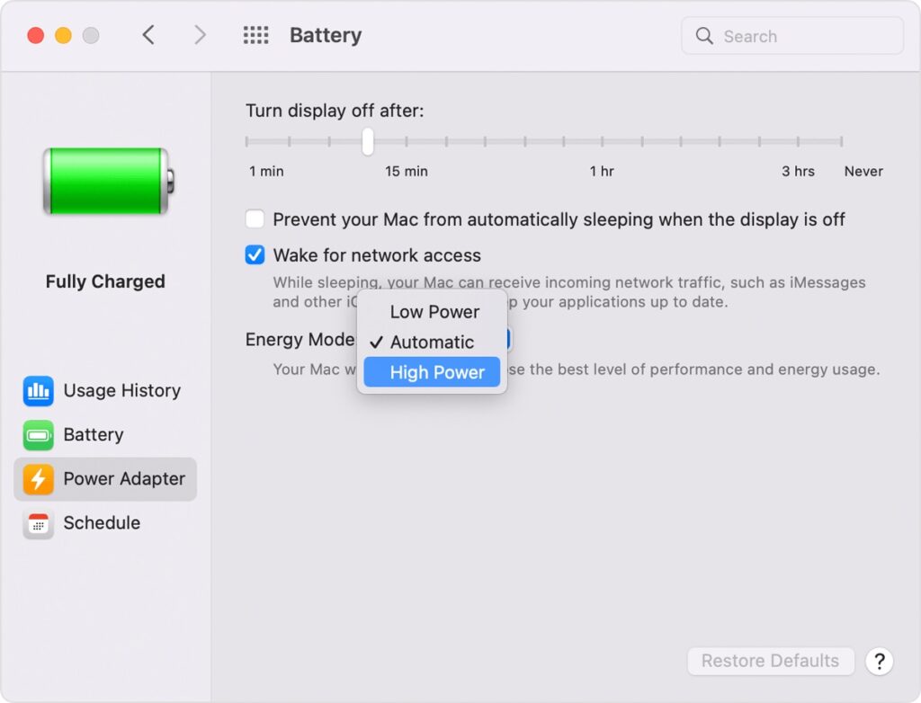 Apple macOS Monterey System Preferences Battery High Power Mode